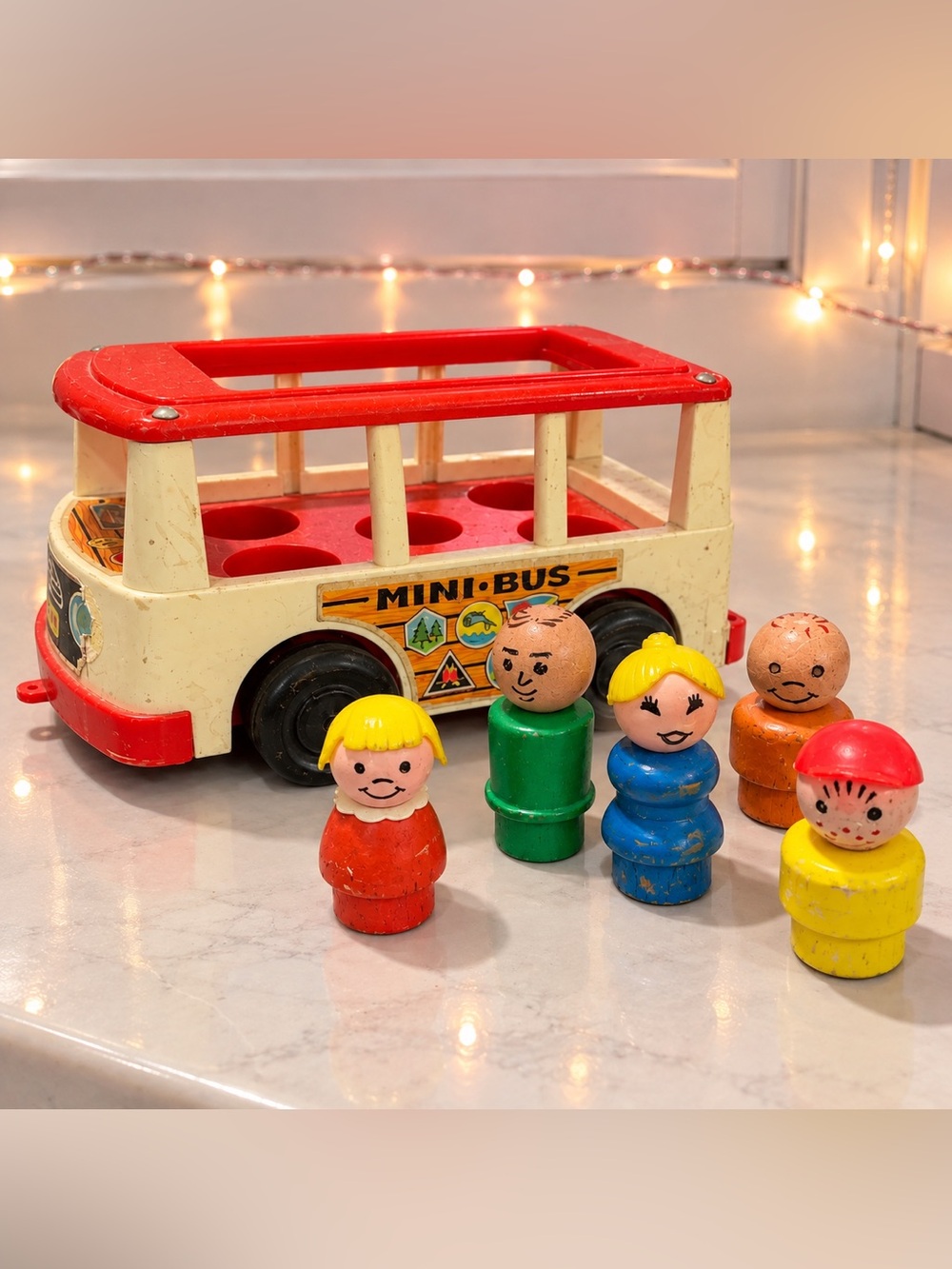 Fisher-Price 1969 Red and Cream Mini Bus with Five Colorful Peg People